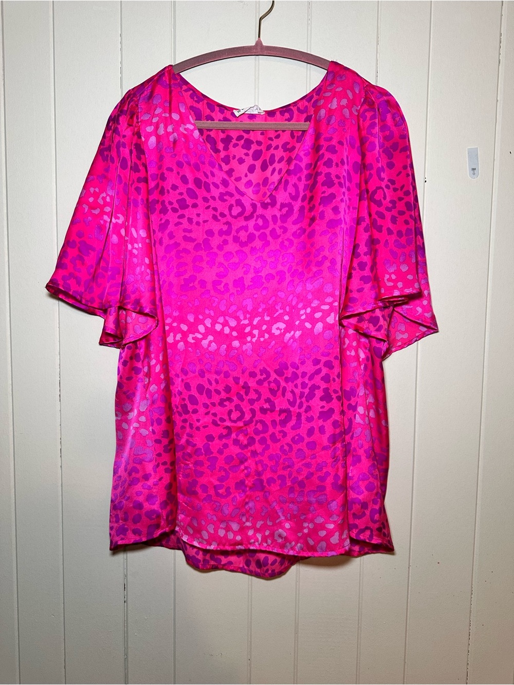 Bright Pink Animal-Print Flutter Sleeve Blouse